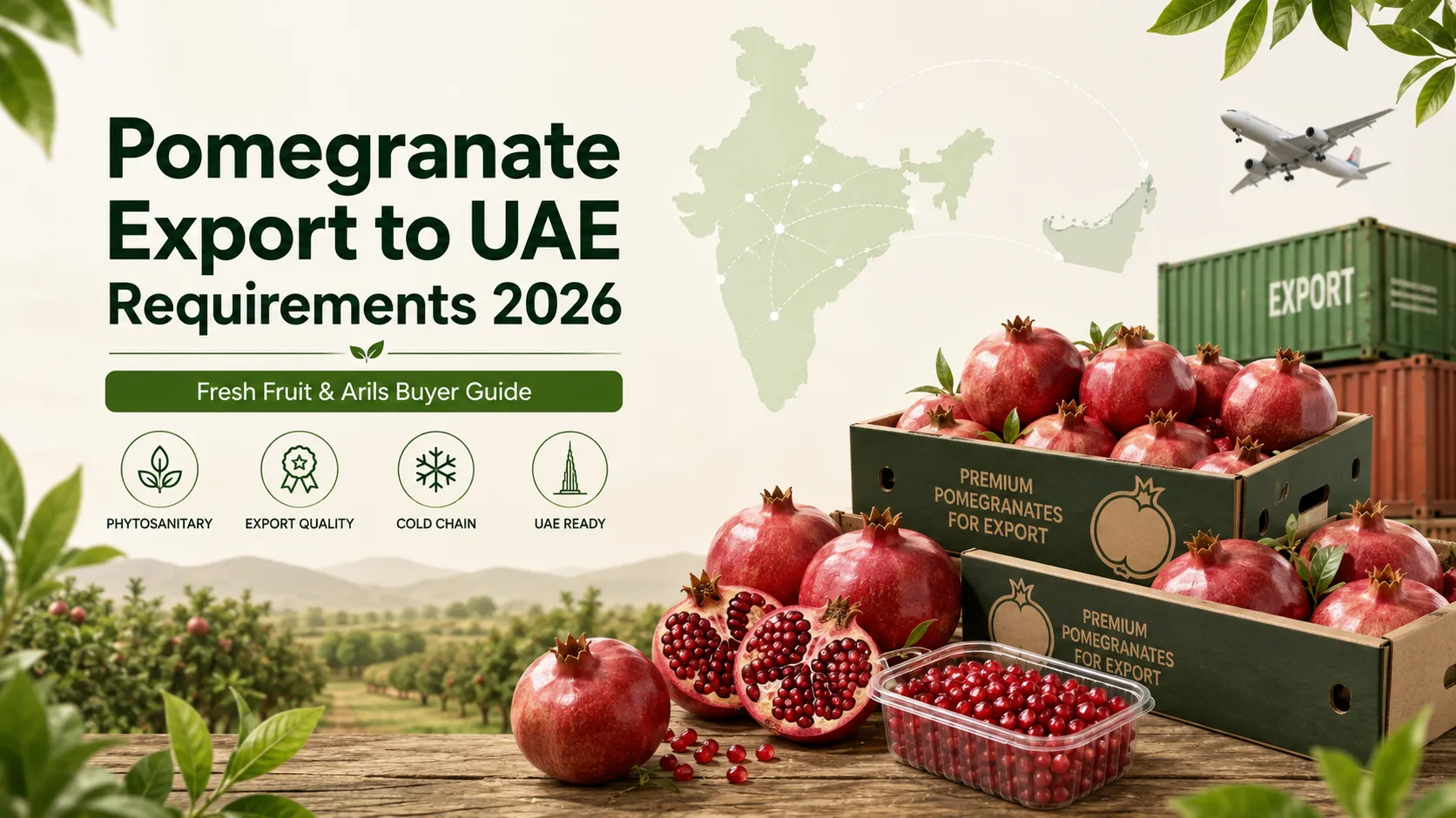 Pomegranate export from India to UAE 2026 showing fresh Bhagwa pomegranates, export packing, cold chain and UAE trade requirements