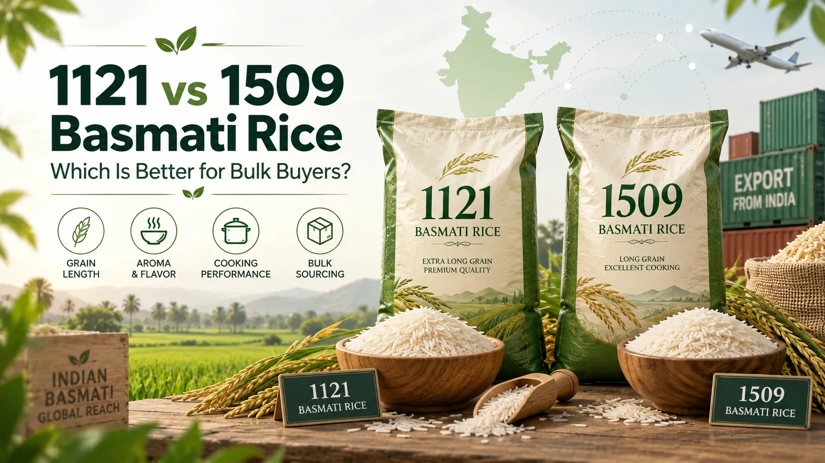 Featured image comparing 1121 Basmati rice and 1509 Basmati rice for bulk buyers, highlighting grain length, aroma, cooking performance and sourcing considerations for importers, wholesalers and rice buyers.