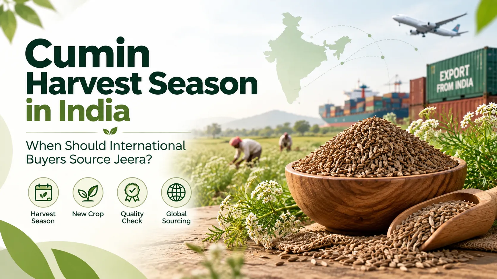 Cumin harvest season in India with jeera seeds, Indian farm fields and global export logistics