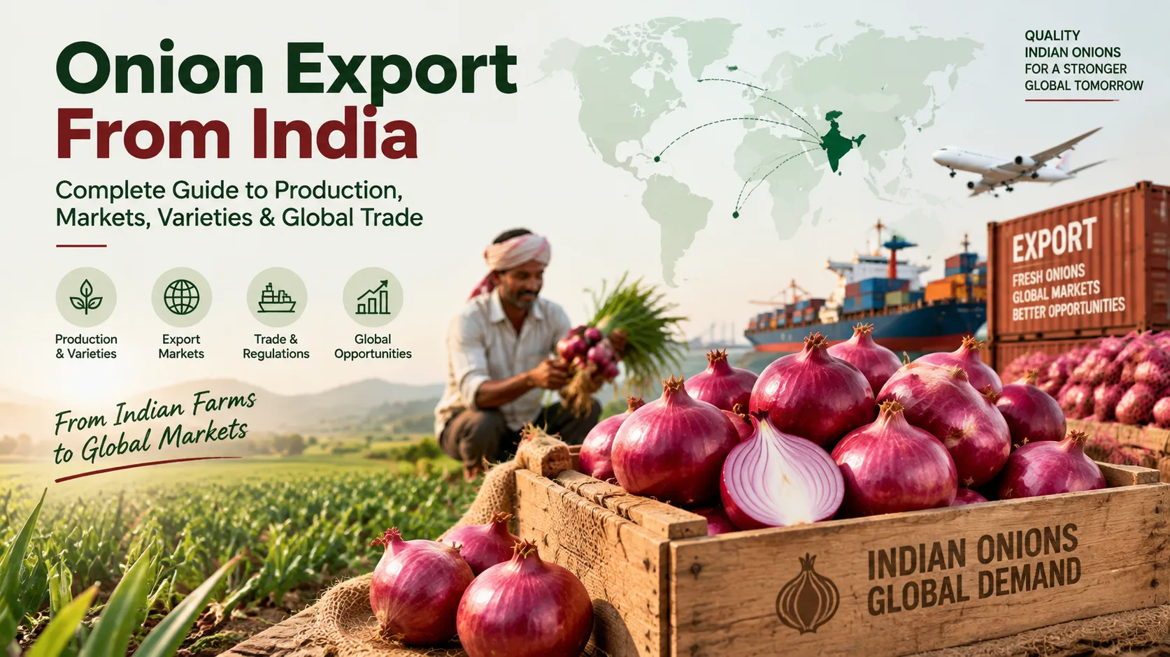 Onion export from India showing fresh Indian onions, farmers, export packaging, shipping containers and global agricultural trade