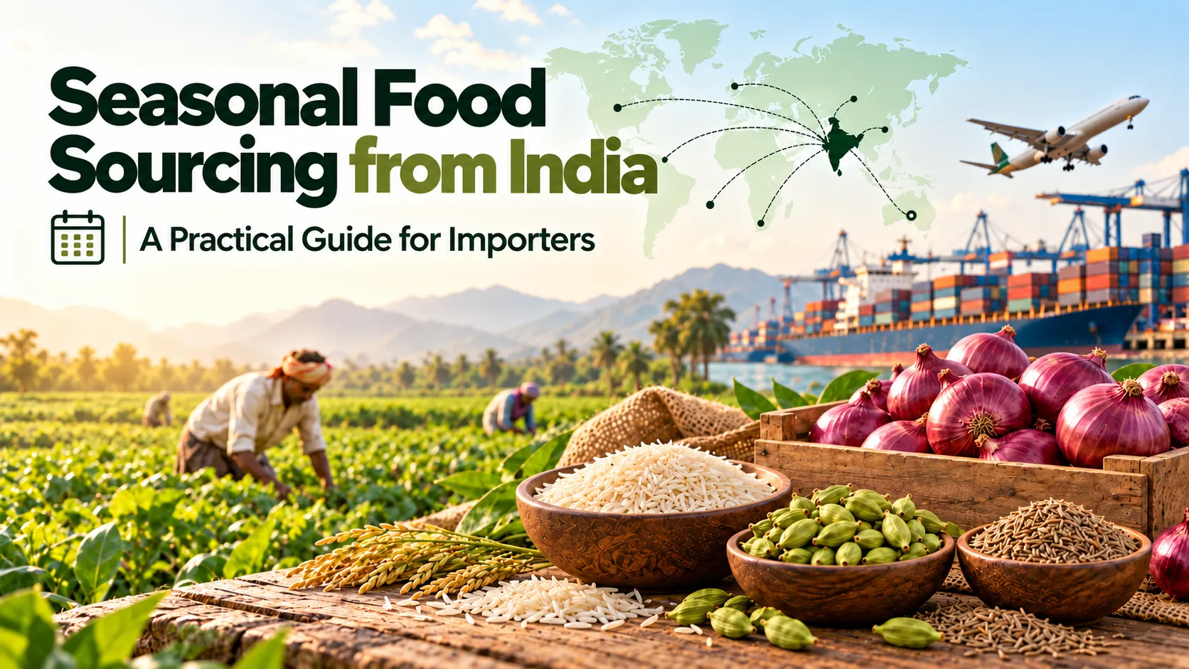 Seasonal food sourcing from India featuring rice, onions, cardamom and cumin, with farmland and export shipping in the background.